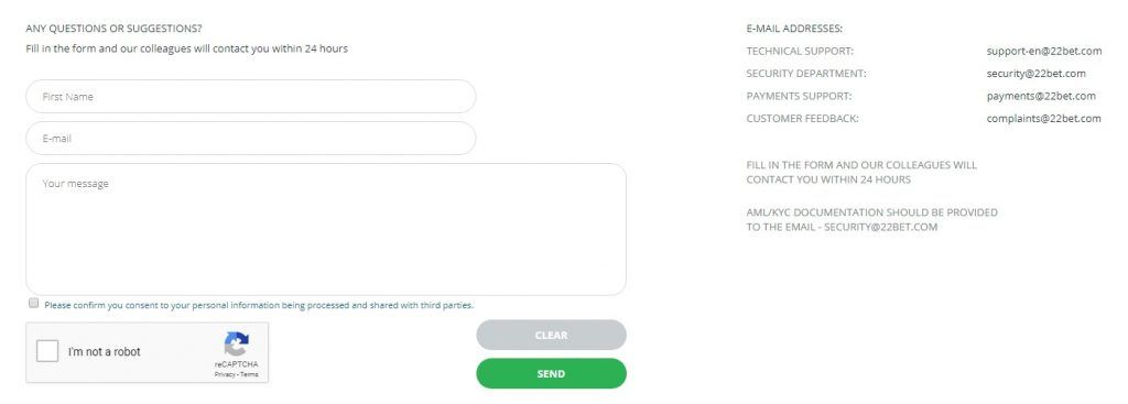 22bet Email Form