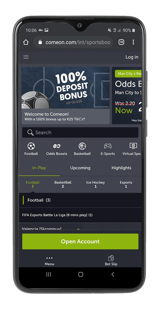 Mobile screenshot of the ComeOn in-play