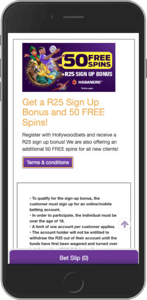 Hollywoodbets R25 Sign-up bonus