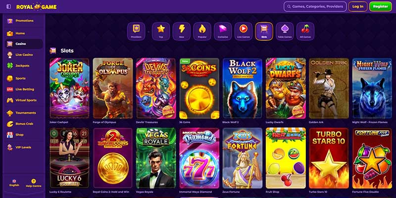 Screenshot of the Royalgame casino page