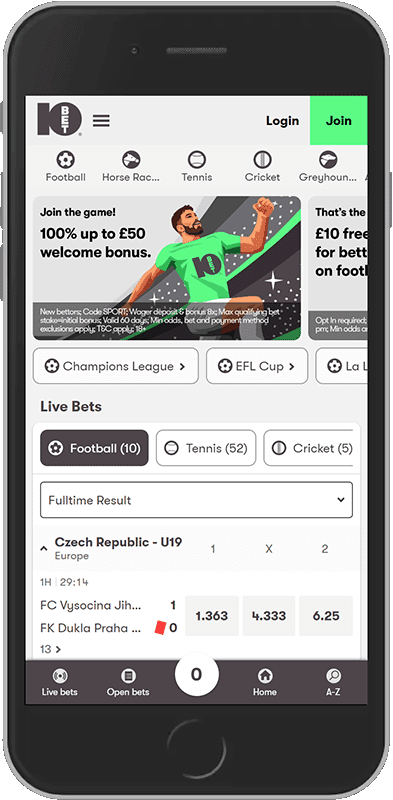 Mobile screenshot of the 10Bet sport page