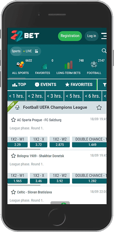 Mobile screenshot of the 22Bet sport page