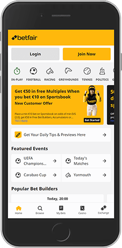 Mobile screenshot of the betfair sport page