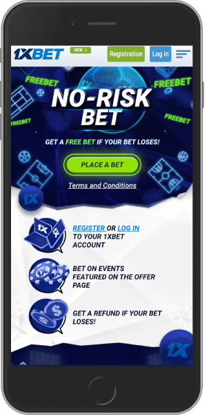 Mobile screenshot of the 1xbet no risk bet bonus