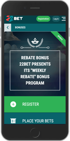 Screenshot of the 22bet rebate bonus