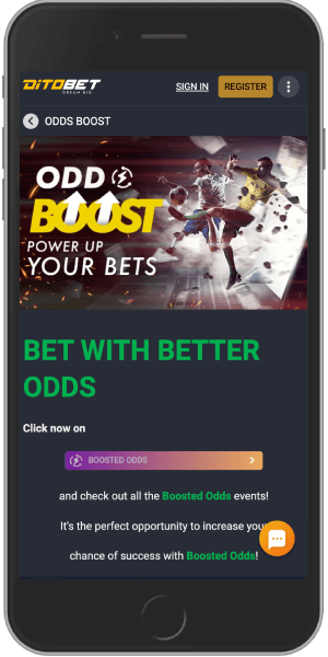 Mobile screenshot of the Ditobet Boosted Odds Bonus