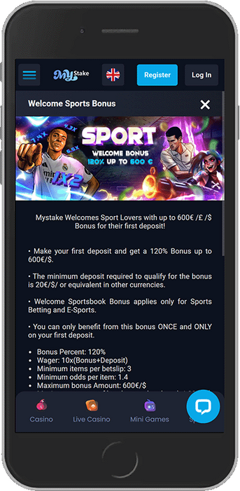 Mobile screenshot of the Mystake welcome sport bonus