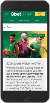 Mobile screenshot of the Qbet Sports Welcome Offer