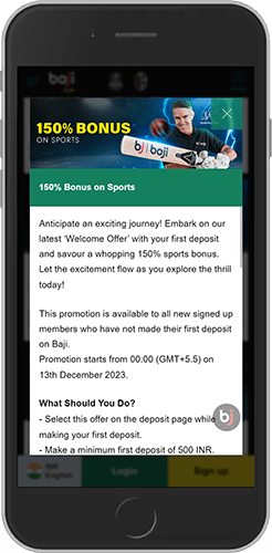 A 150% Welcome Sports First Deposit Bonus of up to 10,000 INR