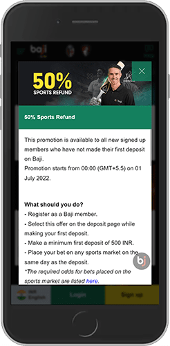 A 50% Sports Refund Bonus of up to 1,000 INR