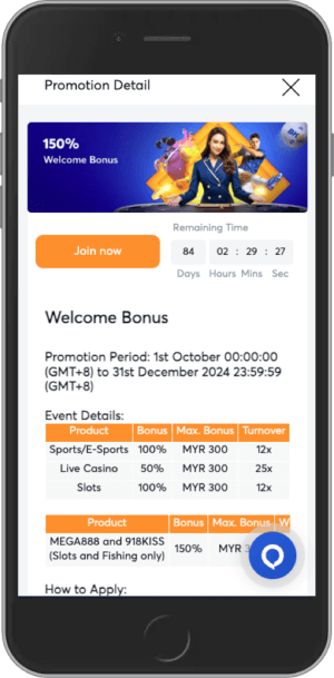 150% Welcome Bonus up to 300 MYR