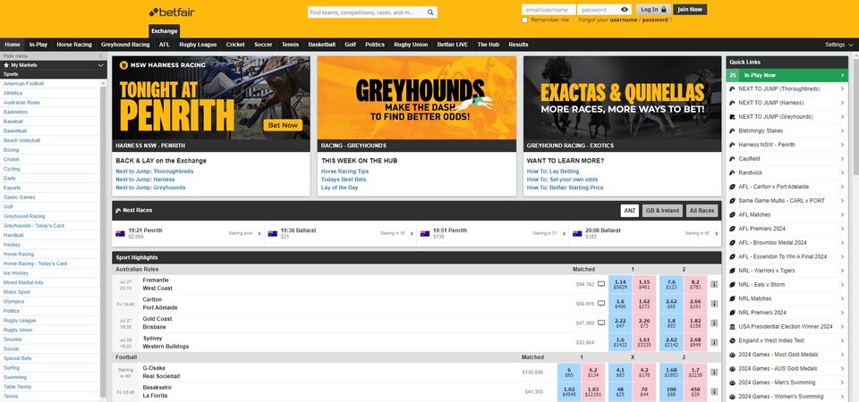 Betfair Australia sports