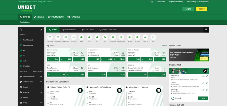 Sports page of Unibet Australia