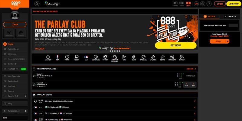 Screenshot of the sport page - 888sport