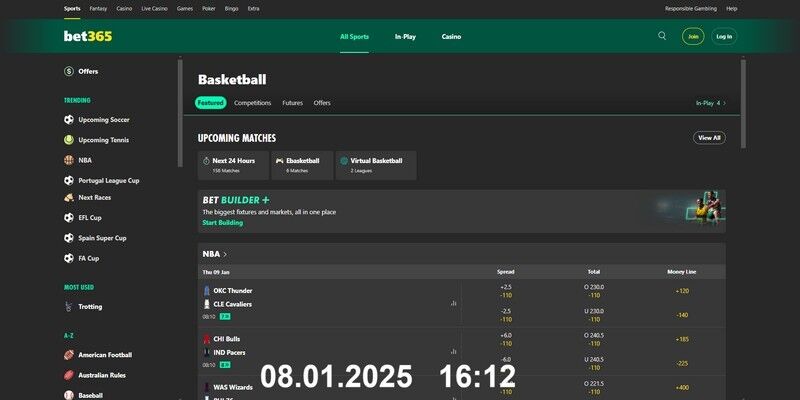 Screenshot of the sports page of the bookmaker bet365