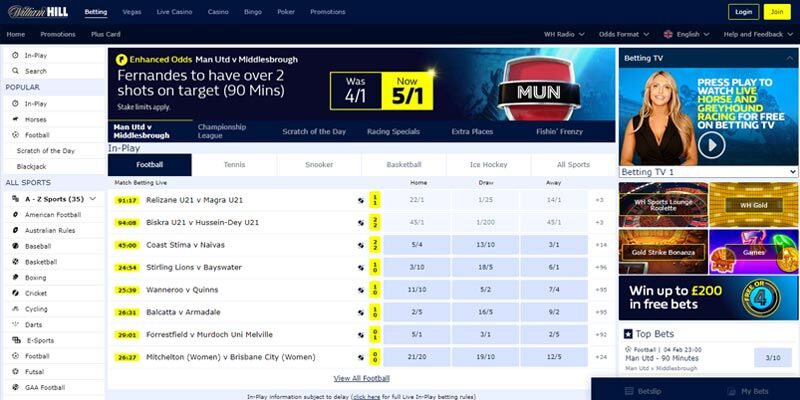 Screenshot of the sport page - William Hill