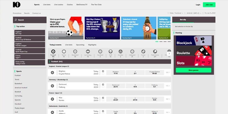 Screenshot of the 10Bet sport page