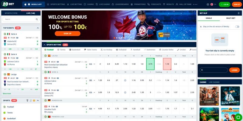 Screenshot of the 20Bet sport page