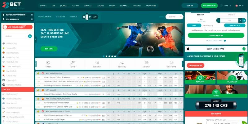 Screenshot of the 22Bet sport page