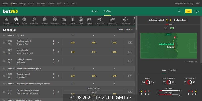 Screenshot of the Bet365 sport page