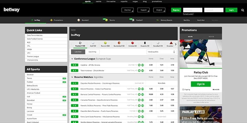 Screenshot of the Betway sport page