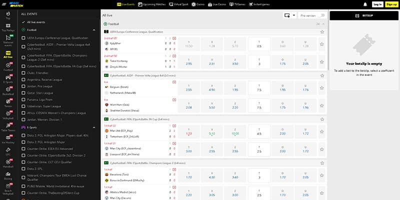 Screenshot of the Parimatch sport page