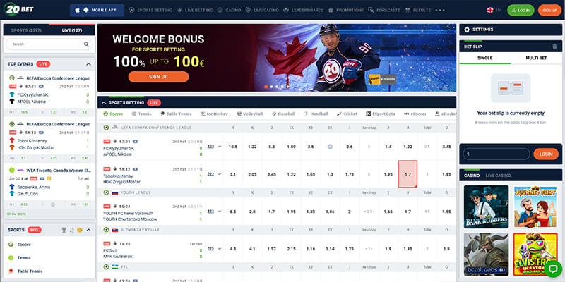 Screenshot of the 20bet sport page