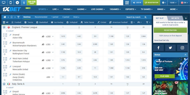 Screenshot of the 1xBet sports page