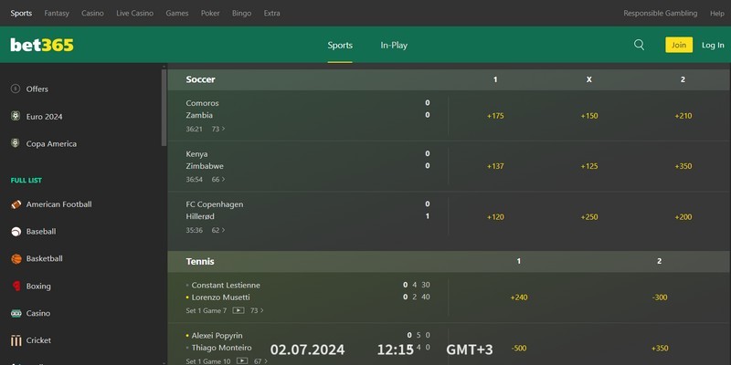 Screenshot of the bet365 sports page