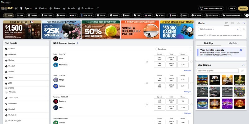 Screenshot of the BetMGM sports page