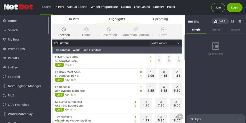 Screenshot of the NetBet sports page