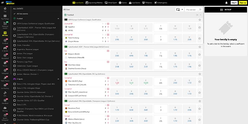 Screenshot of the Parimatch sports page