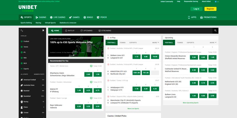Screenshot of the Unibet sports page