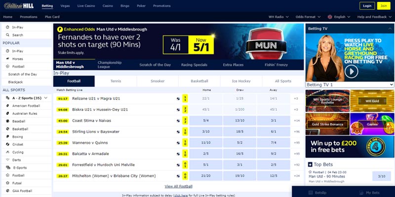 Screenshot of the William Hill sports page