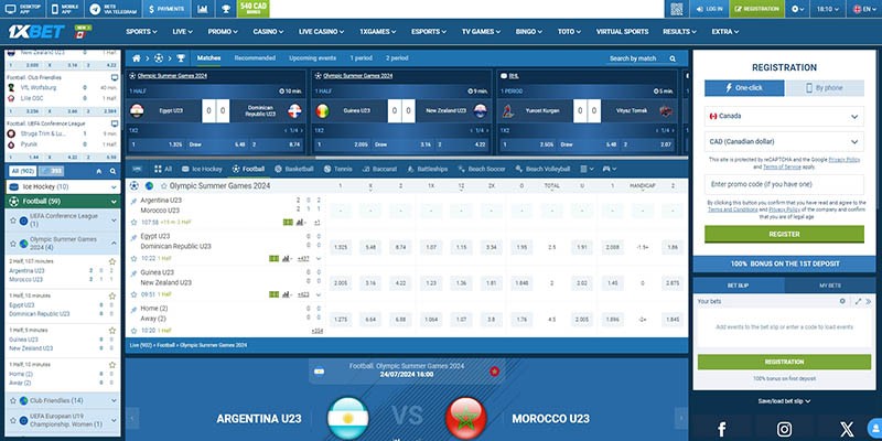 Screenshot of the 1xbet sport page