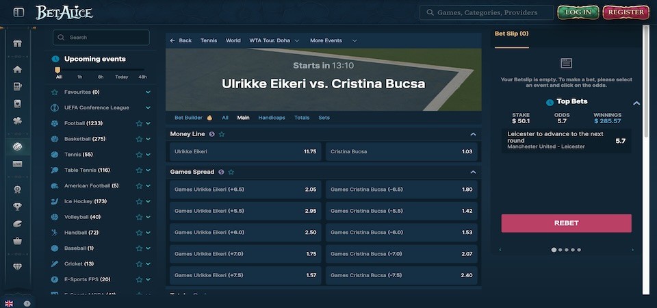 Screenshot of the BetAlice sport page for tennis