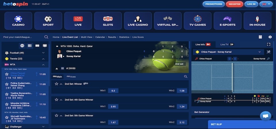 Screenshot of the BetOspin sport page for tennis