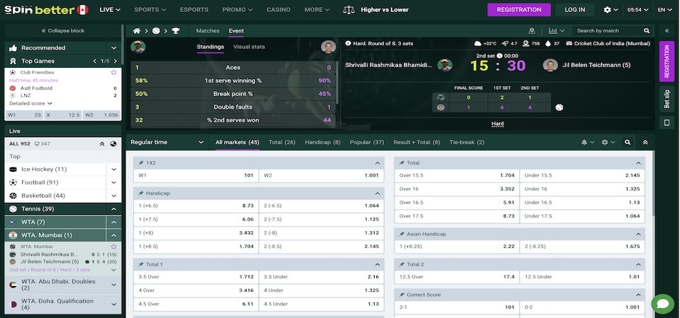 Screenshot of the Spinbetter sport page for tennis