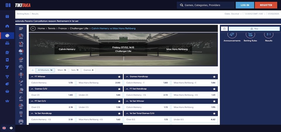 Screenshot of the Tikitaka sport page for tennis