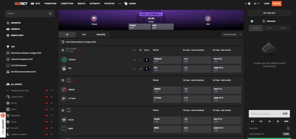 Image of e-sports page at GGbet