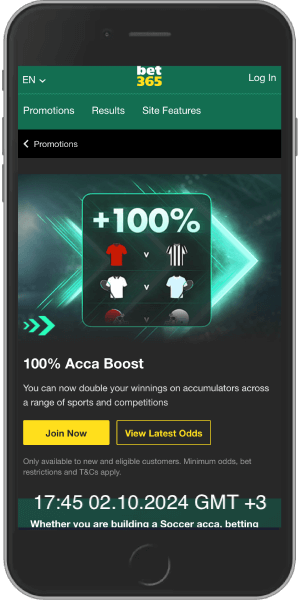 Screenshot of the bet365 Soccer Acca Boost bonus