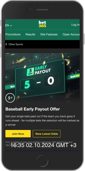 Mobile screenshot of the bet365 Baseball early payout offer