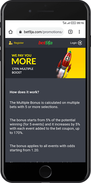 Mobile screenshot of the bet9ja multiple bet bonus