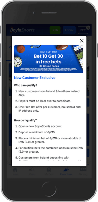 Boylesports sign up offer: Bet 10 and get 30 in free bets