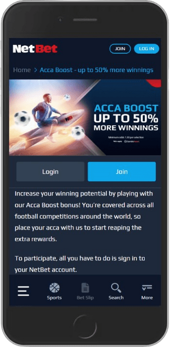 Screenshot of the bonus page - Get an Acca Boost up to 50%