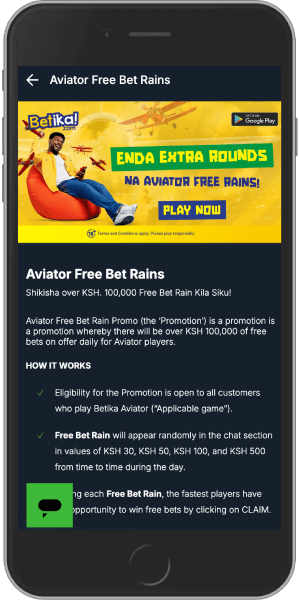 Mobile screenshot of the Betika Aviator Free Bet Rains bonus