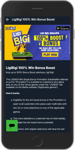 Mobile screenshot of the Betika win bonus boost