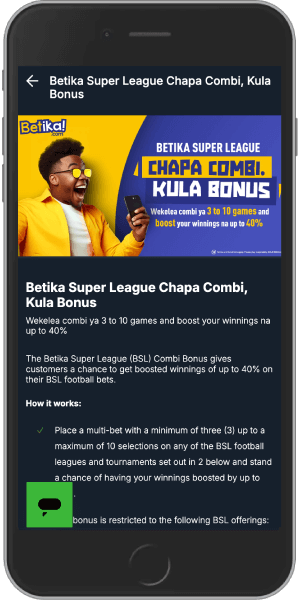 Mobile screenshot of the Betika Super League Chapa Combi bonus