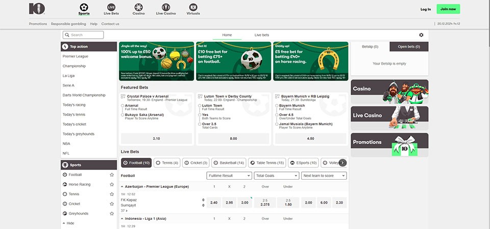 Screenshot of the 10bet sport page