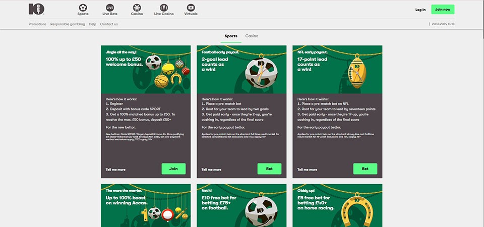 Screenshot of the 10bet bonuses page